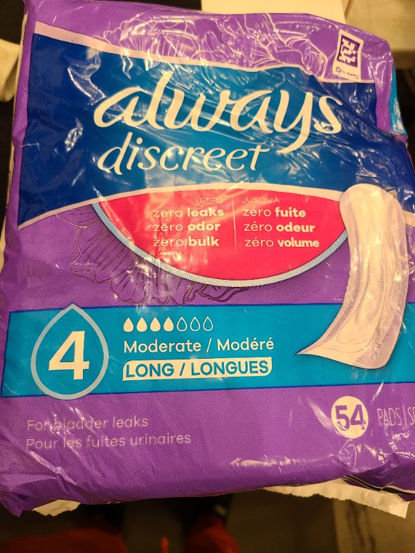 Photo 1 of Always Discreet Adult Incontinence Pads for Women, Moderate Absorbency, Long Length, Postpartum Pads, Up to 100% Bladder Leak Protection, 54 Count (Packaging May Vary)