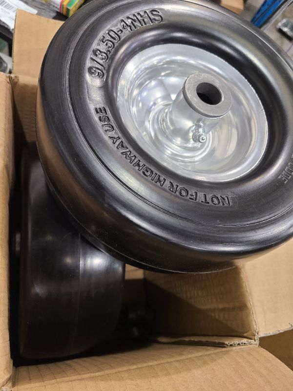 Photo 1 of 9x3.50-4" Flat Free Lawn Mower Tire and Wheel Smooth Tire with Rim for Commercial and Residential Walk-Behind Lawnmowers, Hand Trucks, Garden Carts and Trailers | 4" Centered Hub | Bore ID 3/4" (2PCS)