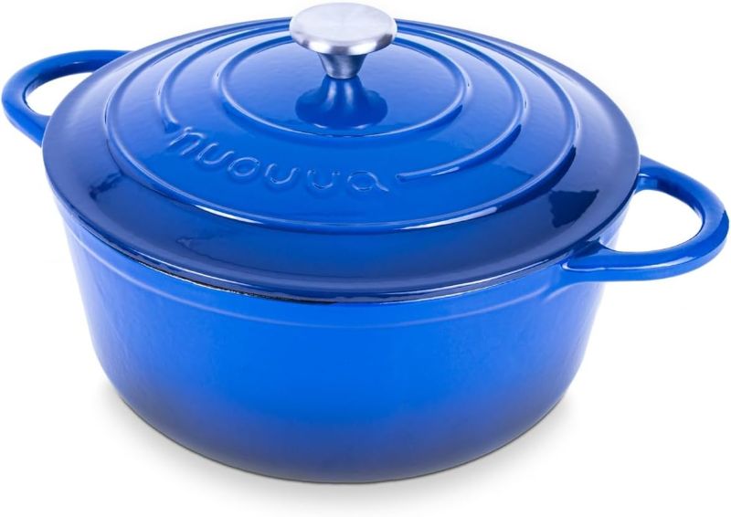 Photo 1 of  Nuovva Enamelled Cast Iron Dutch Oven Pot with Lid – 6.4 Quart Non Stick Casserole Pot – Heavy Duty & Oven Safe up to 500° F for Bread Baking, Braising, Stews, Roasting – 28cm Dark Blue MSRP $64.99