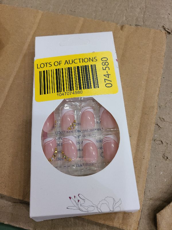 Photo 1 of 24 Pcs Acrylic Press on Nails, ASONRL Short Medium Square French White Edge Pink Fake Nails with Gold Rhinestones, Glue on Nails Reusable False Nails for Women, French- Gold Diamond Square