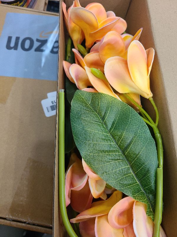 Photo 1 of 5PCS PU Real Touch Lifelike Artificial Plumeria Frangipani Flower Stems Wedding Home Party Spring Flowers Decoration (Orange Pink)