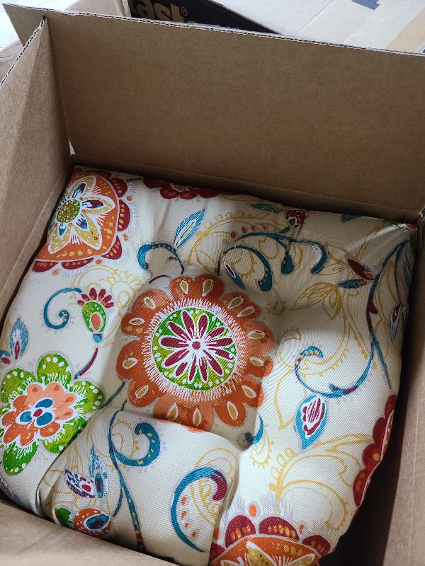 Photo 1 of Pillow Perfect Bright Floral Indoor/Outdoor Chairpad with Ties Reversible, Tufted, Weather, and Fade Resistant, 15.5" x 16", Tan Fanfare 2 Count