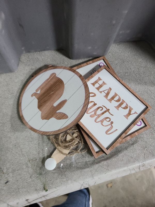 Photo 1 of 12 Pcs Easter Tiered Tray Decor Wooden Carrot Patch Bunny Egg Items Happy Easter Tray Signs for Spring Home Farmhouse Rustic Kitchen Decorations (Wooden Bunny)