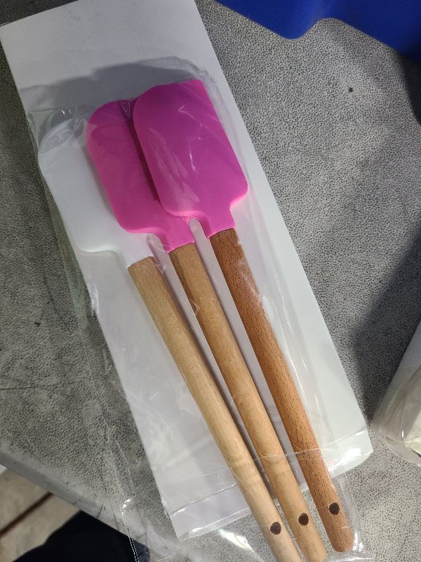 Photo 1 of 3 Pcs Valentine‘s Day Silicone Spatulas with Wooden Handles Valentine Pattern Heat Resistant Baking Silicone Spatulas with Pink Satin Ribbon Bows for Baking, Cooking and Sauteing