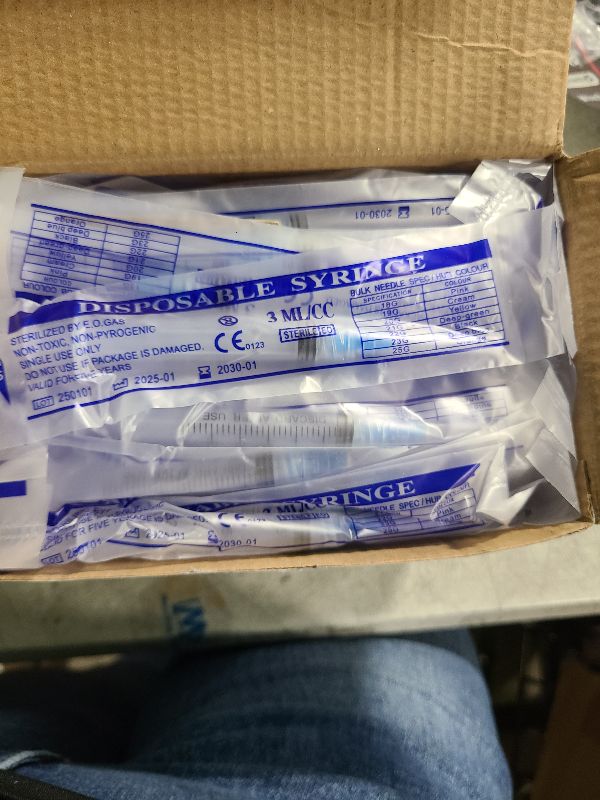 Photo 1 of 100 Pack 3ml Disposable Syringe with Needle 23Ga 1.0 Inch, Luer Lock Syringes, Individual Sterilized Wrapped