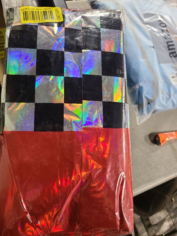 Photo 1 of 3Pack Iridescent Race Car Plastic Tablecloth, Disposable Shiny Laser Red and Black Checkered Table Cloth, Holographic Foil Rectangle Tablecloth for Race Car Boys Birthday Party Decorations, 54x108Inch