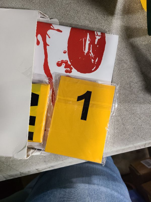 Photo 1 of 8 Pieces Crime Scene Decorations Including Body Silhouette Caution Barricade Tape Evidence Markers and Bloody Footprint Sticker Evidence Party Decorations for Halloween Home Wall