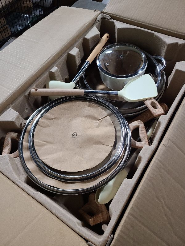 Photo 1 of SODAY 13 Pcs Pots and Pans Set Non Stick Kitchen Cookware Sets Nonstick Induction Cookware Non-toxic White Granite Cooking Tools with Stay-Cool Handles, Silicone Tools (PFOS/PFOA Free)