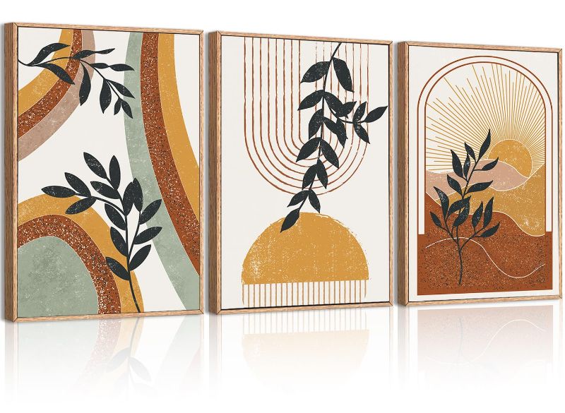 Photo 1 of 3 Piece Boho Wall Art Set for Bedroom, Abstract Bohemian Fall Orange Beige Prints Pictures for Living Room Bedroom Office Bathroom Wall Decor, Modern Minimalist Framed Canvas Paintings - 12x16 Inch