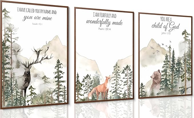 Photo 1 of 3pcs Forest Animals Bible Verse Wall Art Misty Forest Deer Bear Fox Paintings Canvas Prints Poster Inspirational Quotes Pictures Wall Decor for Home Bedroom Nursery Baby Room Playroom Decor Unframed