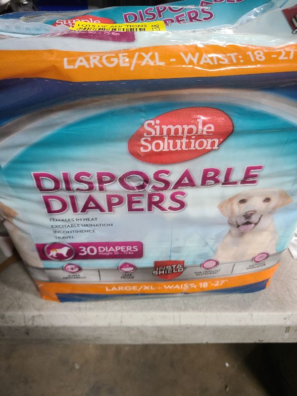 Photo 1 of Simple Solution Disposable Dog Diapers, Female Dog Diapers, Puppy Potty Training, Incontinence and Heat Cycle Protection, Large Diapers for Dogs, 18-27 Inch Waist, 30 Count