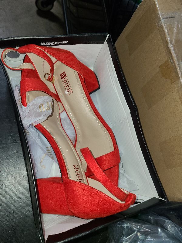 Photo 1 of IDIFU Red Heels Chunky Block Low Heels Square Open Toe Ankle Strap Short Heeled Sandals Wedding Bride Bridal Summer Prom Dress Shoes for Women Dressy Comfort Cute Small Heels(Red Suede, 10)