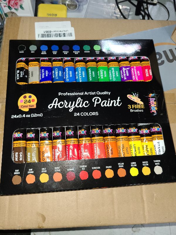 Photo 1 of Acrylic Paint Set Canvas Art Paints 24 Colors Perfect Paint Finish (0.41oz,12 ml) With 3 Brushes - Painting Canvas, Paper, Wood, Rock, MDF, Ceramic & Fabric