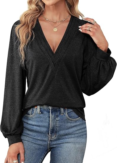 Photo 1 of Agnes Urban Womens V Neck Long Sleeve Tops Dressy Casual Fall Shirts Puff Sleeve Loose Tunic Trendy Tops Blouses  XL BLACK