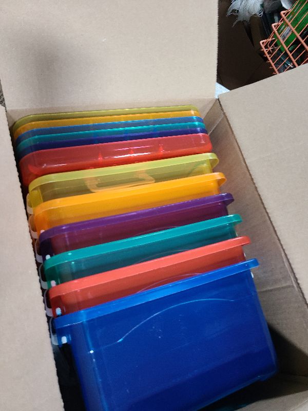 Photo 1 of 6 Pack 7 Quart Colorful Plastic Storage Bins with Lids Storage Latch Box Stackable and Nestable Clear Toy Storage Organizer Bins with Latching Handle and Buckle for School Kid Room Home(6 Colors)