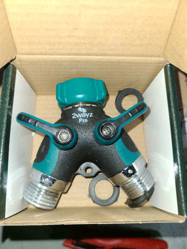 Photo 1 of 2WAYZ Hose Splitter 2 Way Heavy Duty Outdoor Faucet and Garden Connector - Water Spigot Splitter - Durable All-Metal Y Adapter with Shut-Off Valve - 4 x 4 x 1.5 Inches