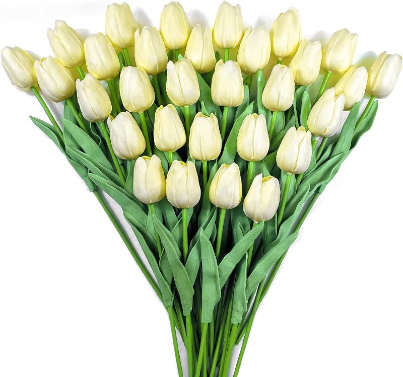 Photo 1 of 20 PCS Artificial Tulips 13.5inch Long Fake Flowers Real Touch Tulips Silk Flowers for Spring Easter Mother's Day Decorations (Off White) 