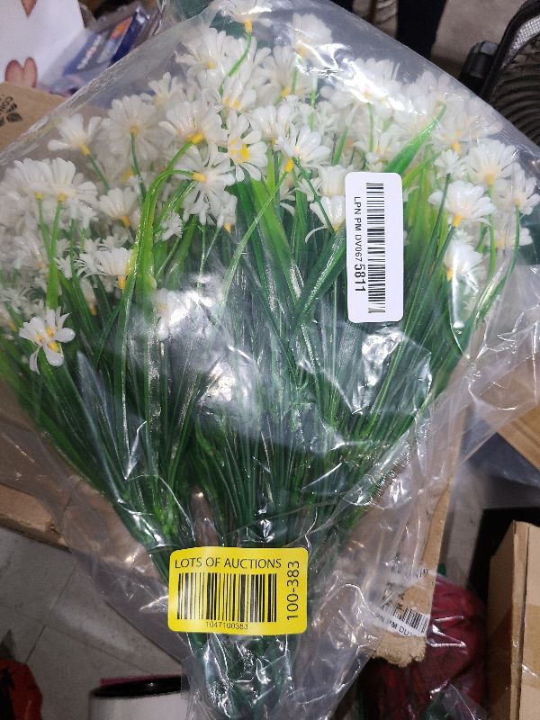 Photo 1 of 12 Bundles Artificial Daisy Flowers for Outdoors Spring Summer Decor, UV Resistant Faux Cemetery Flowers Plastic Greenery Shrub Fake Artificial Plants Outside Home Gardens Porch Planter Indoor(White)