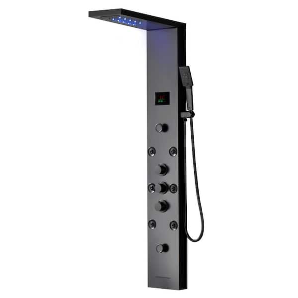 Photo 1 of 5-in-1, 8-Jet Shower Panel Tower System with Rainfall Waterfall Shower Head, and Massage Body Jets in Matte Black