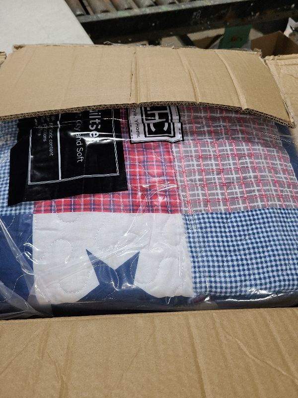 Photo 1 of 3-Piece Caroline Patriotic Quilt Set - Americana Stars and Plaid Patchwork Bedding - Full/Queen Bed Spread with 2 Pillow Shams by Lavish Home