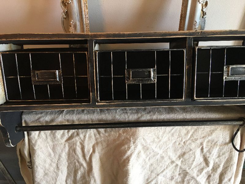 Photo 1 of  Wall Mounted Shelf with Storage Cubbies - Blackwash Finish - Rustic Country Style - 5 Adjustable Sliding Hooks - 4Wire Storage Baskets