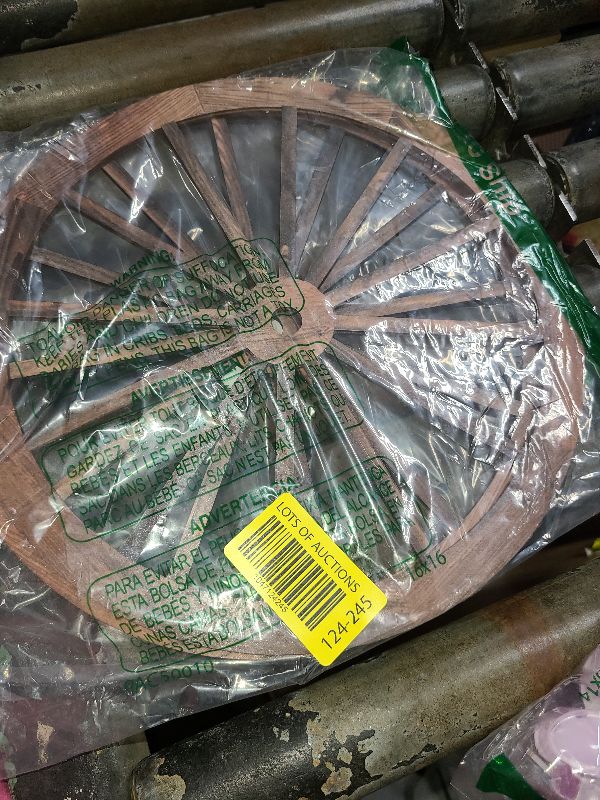 Photo 1 of 2 Pcs Wagon Wheel Decor Wooden Western Cowboy Party Decorations Vintage Rustic Wagon Wheel Wood Cartwheel Decor for Bar Garage Indoor Outdoor (Brown,12 Inch)
