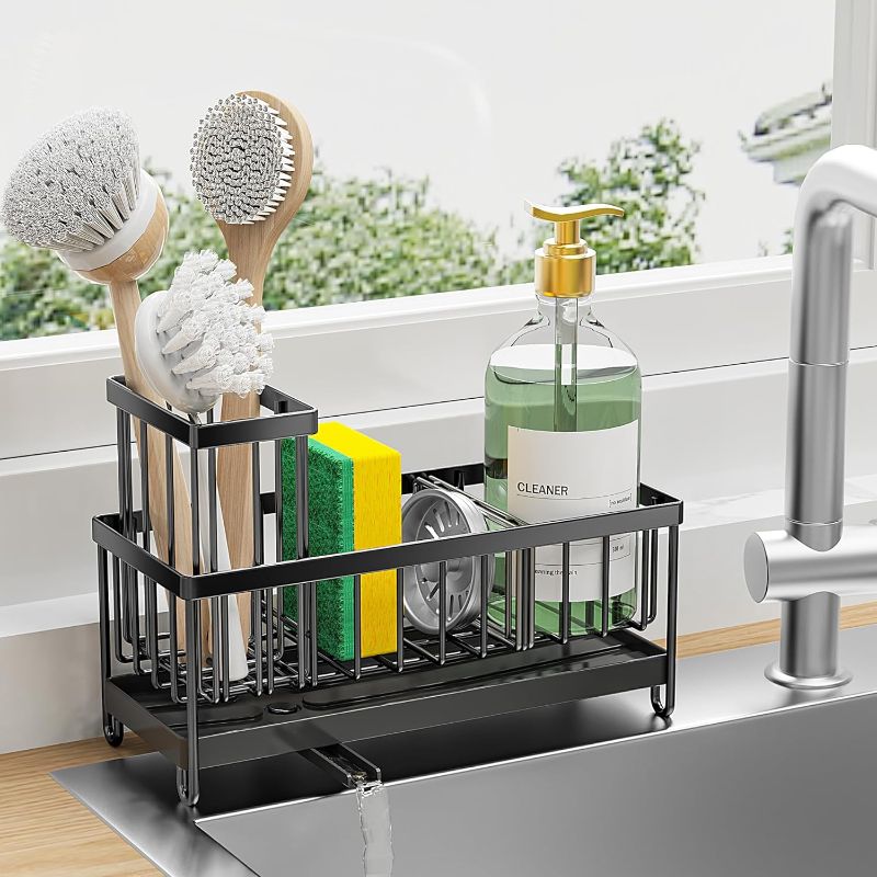 Photo 1 of  Cisily Black Sponge Holder for Kitchen Sink, Sink Caddy Organizer with High Brush Holder, Kitchen Countertop Organizers and Storage Essentials, Rustproof 304 Stainless Steel, Soap Dispenser Organize 