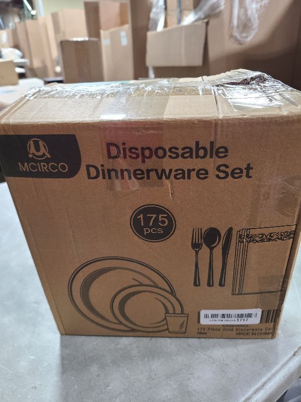 Photo 1 of M MCIRCO 175 Piece Gold Dinnerware Set - 50 Gold Rim Plastic Plates - 25 Gold Plastic Silverware - 25 Gold Plastic Cups - 25 Gold Paper Napkins, 25 Guest Disposable Gold Dinnerware Set