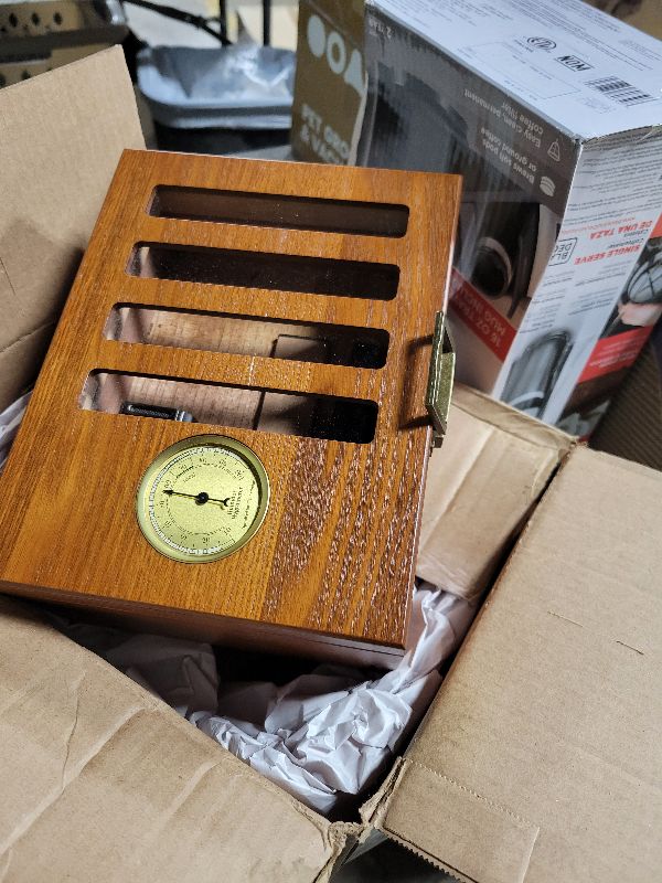 Photo 1 of SEMKONT Cigar Humidor, Vintage Lock & Accessory Drawer Cedar Wood Cigar Humidor, Recessed Hygrometer Glass Top Desktop Humidor, with Humidifier, Cigar Lighter and Dropper Cigar Box for 20-35 Cigars