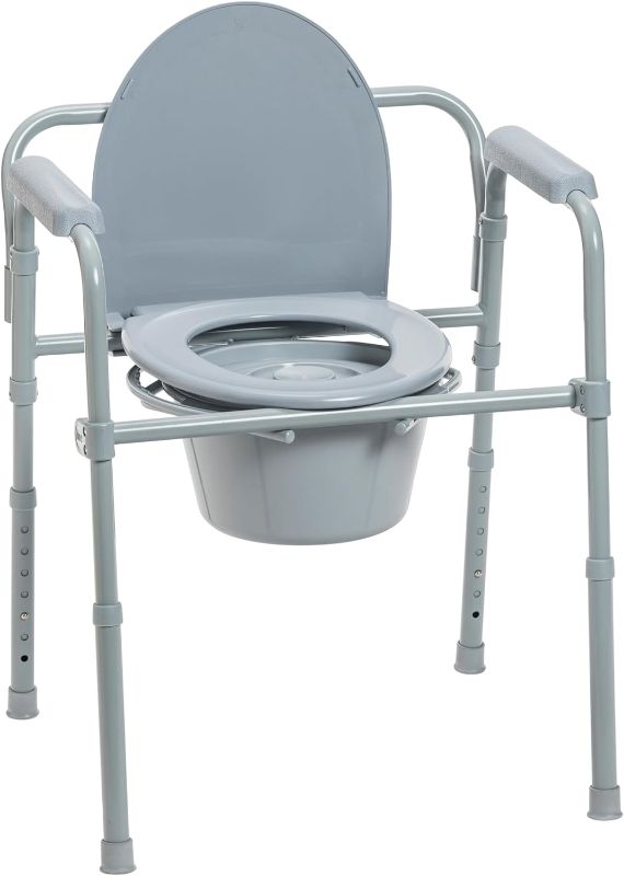 Photo 1 of Drive Medical 11148-1 Folding Steel Bedside Commode Chair, Portable Toilet, Supports Individuals Weighing Up To 350 Lbs, with 7.5 Qt. Bucket and 13.5 Inch Seat, Grey 