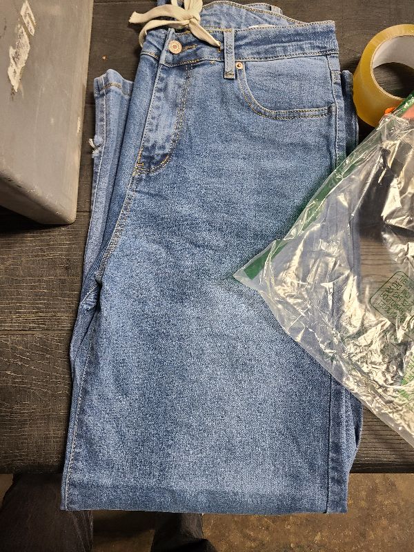 Photo 1 of Allimy Womens Summer Drawstring High Waist Wide Leg Jeans Straight Leg Washed Denim Jeans Pants Long Trousers Pockets Retro Blue 12