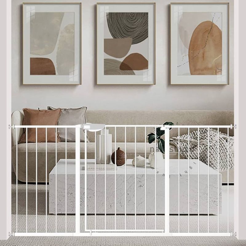 Photo 1 of WAOWAO Triple Lock Baby Gate Extra Wide 85.83-95. 28" Pressure Mounted Walk Through Swing Auto Close Safety White Metal Dog Pet Puppy Cat for Stairs,Doorways,Kitchen 