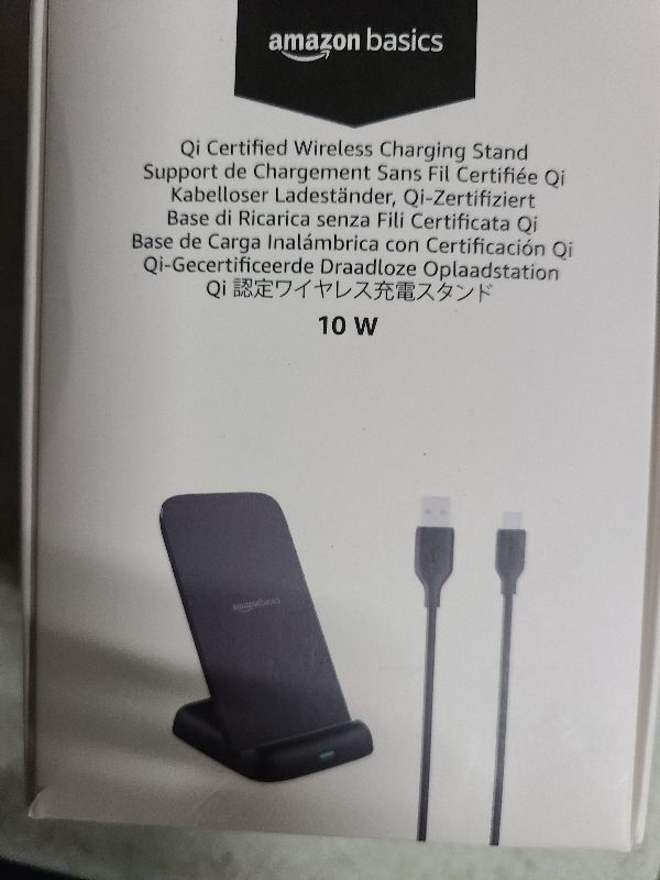 Photo 1 of Amazon Basics 10W Qi Certified Wireless Charging Stand, for Phone 16/15/14/13/12/11/X, Samsung, and More, with USB Cable (No AC Adapter), Black