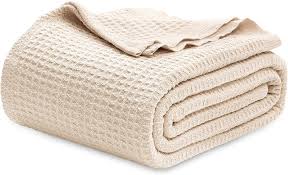 Photo 1 of 100% Cotton Blankets Queen Size for Bed - Waffle Weave Blankets for Summer, Lightweight and Breathable Soft Woven Blanket for Spring, White, 90x90 Inches (Beige, Queen (90" x 90"))