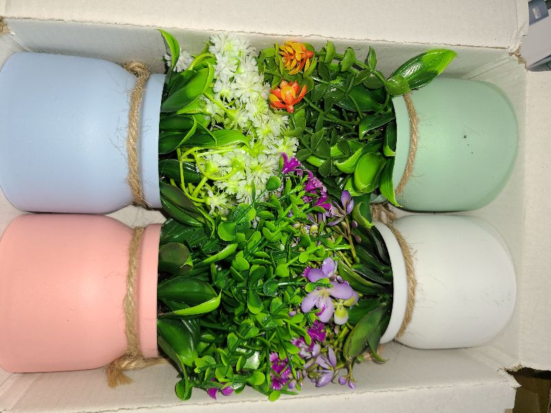 Photo 1 of Der Rose 4 Pack Fake Flowers Small Artificial Faux Plants Indoor in Plastic Macaron Pot Spring Decor for Centerpiece Table Decorations Home Office Desk Decor