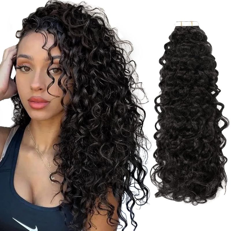 Photo 1 of  Lacer Kinky Curly Tape in Extensions Human Hair 22 Inch Remy Wet And Wavy Tape in Hair Extensions Natural Black Real Human Hair for Black Women Jerry Curly 100G 40Pcs 