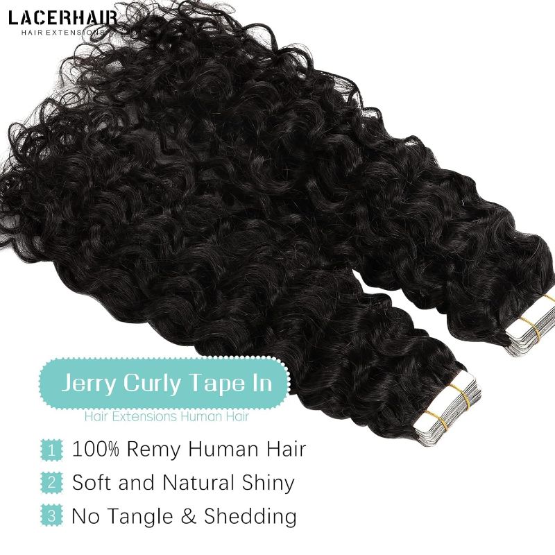 Photo 1 of  Lacer Kinky Curly Tape in Extensions Human Hair 22 Inch Remy Wet And Wavy Tape in Hair Extensions Natural Black Real Human Hair for Black Women Jerry Curly 100G 40Pcs 
