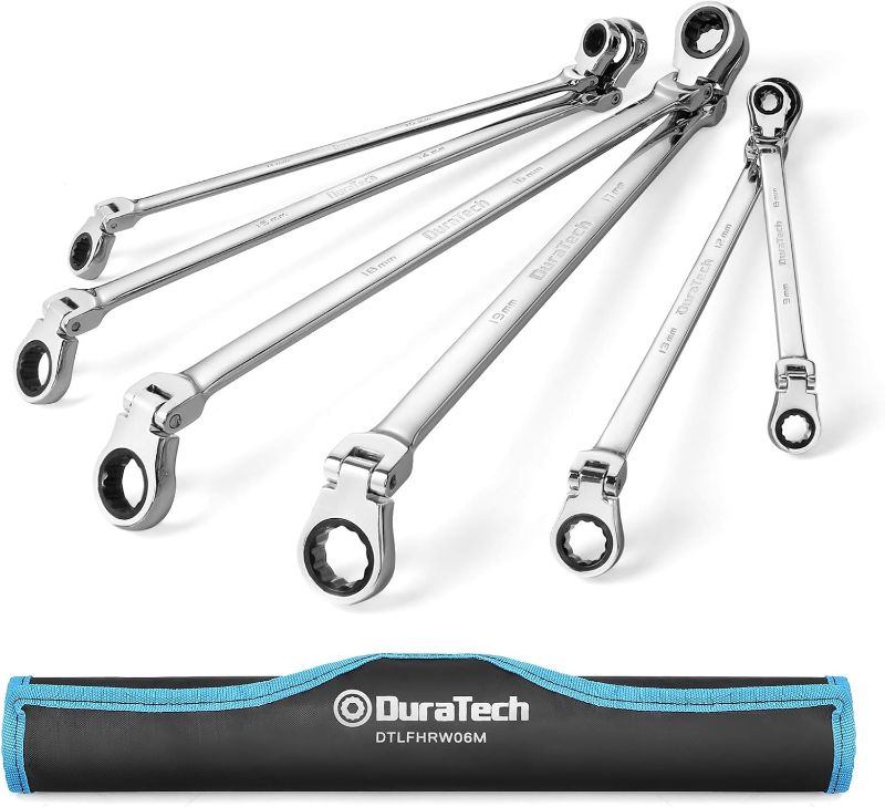 Photo 1 of  DURATECH Extra Long Flex-Head Ratcheting Wrench Set, Double Box End Wrench Set, 6-Piece, Metric 8-19 mm, CR-V Steel, with Pouch 