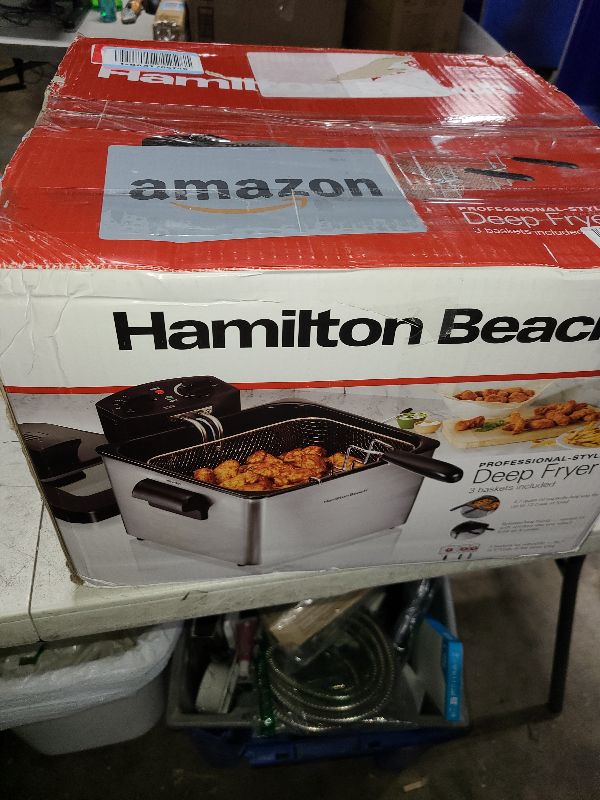 Photo 1 of Hamilton Beach Electric Deep Fryer with 3 Baskets and Lid, 4.5 Liters / 19 Cups Oil Capacity, Temperature Control, View Window, Professional Style, 1800 Watts, Stainless Steel (35034)
