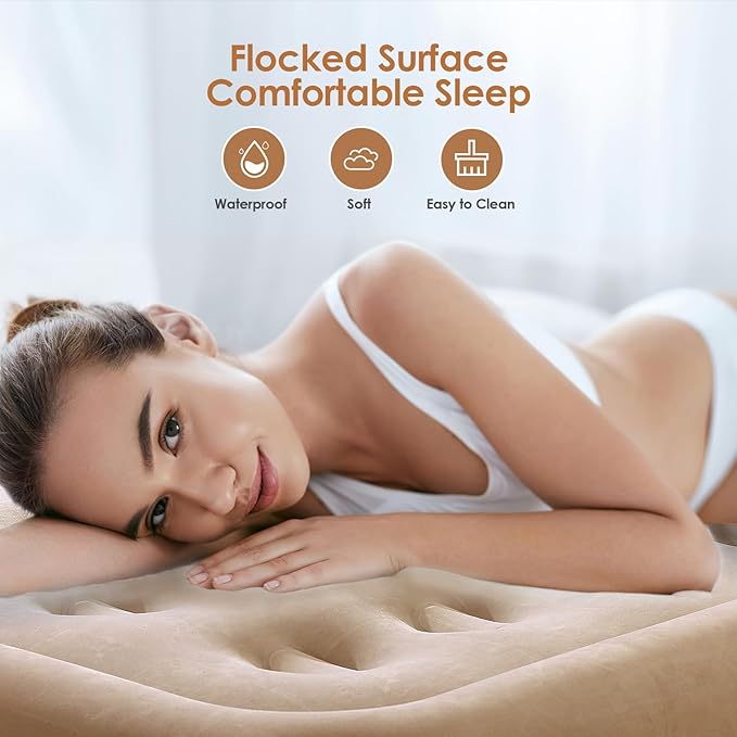 Photo 1 of Air Mattress Queen with Built in Pump, 18'' Luxury Inflatable Mattress, 3 Min Fast Blow up Mattress with Dual-Chamber, Comfort Top - Velvety Air Bed for Home, Camping, Travel, Guests, White + Khaki