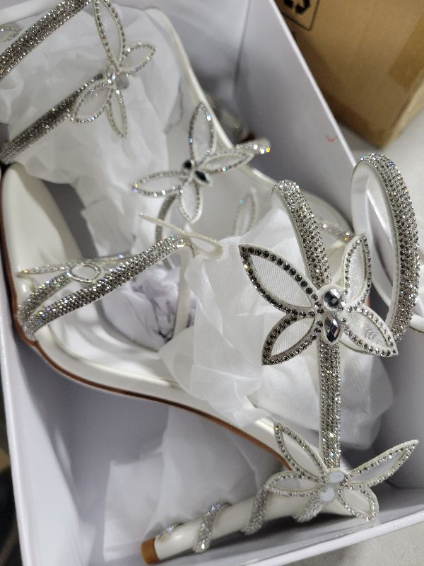 Photo 1 of sexytag Diamante Heels Butterfly Wrap Around Strap Fantasy Rhinestone Crystal Diamond Embellished Open Toe Stiletto Strappy High Heels Sandals Cute Wedding Dress Party Shoes Silver Size 10