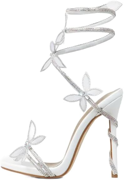 Photo 1 of sexytag Diamante Heels Butterfly Wrap Around Strap Fantasy Rhinestone Crystal Diamond Embellished Open Toe Stiletto Strappy High Heels Sandals Cute Wedding Dress Party Shoes Silver Size 10