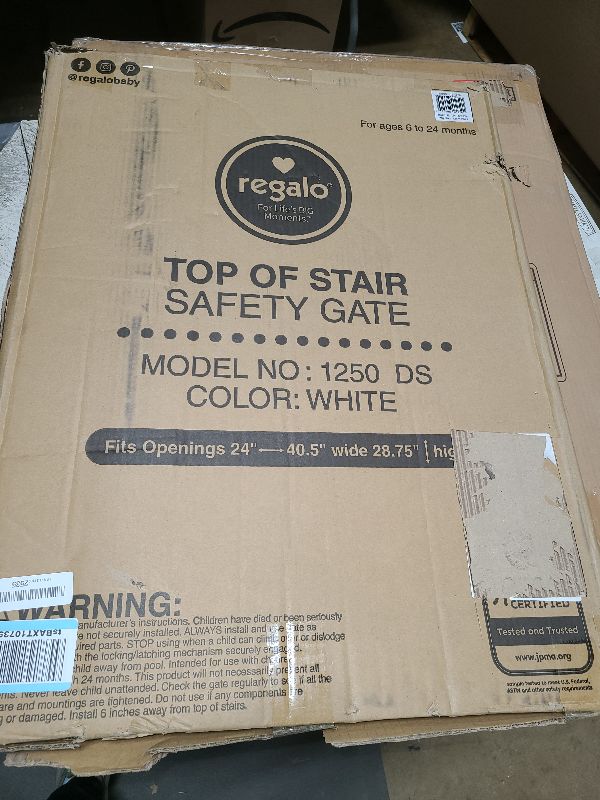 Photo 1 of Regalo 2-in-1 Extra Wide Stairway and Hallway Walk ThroughBaby Safety Gate, Hardware Mounting, White 24"x40.5"x28.5"(Pack of 1)