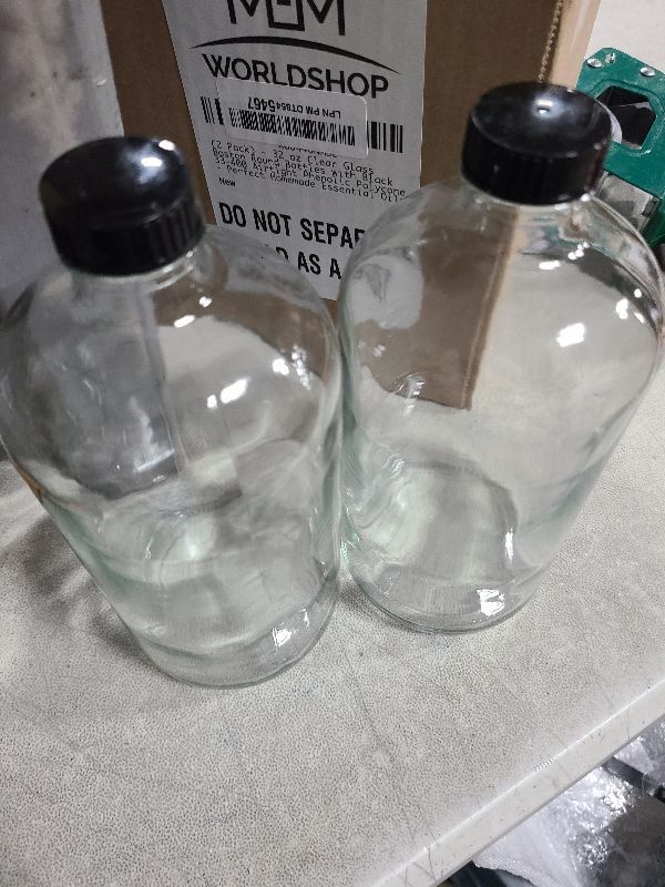 Photo 1 of (2 Pack) - 32 oz Clear Glass Boston Round Bottles with Black 33-400 Airtight Phenolic Polycone Caps - Perfect Glass Containers for Secondary Fermentation, Storing condiment, Homemade Essential Oils