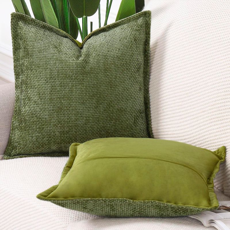 Photo 1 of MADIZZ Chenille Velvet Throw Pillow Covers with Flange Set of 2 Super Soft Boho Textured Pillow Covers Decorative Throw Pillowcases Modern Farmhouse Home Decor for Sofa Bedroom Moss Green 18x18 Inch