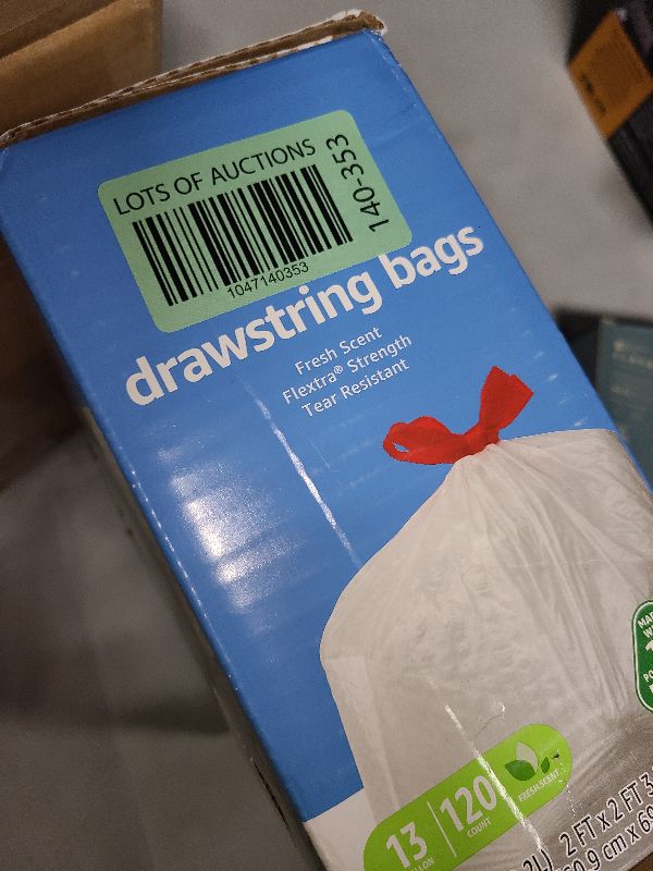 Photo 1 of Amazon Basics 13 Gallon Flextra Strength Tall Kitchen Drawstring Trash Bags, Clean Fresh Scnet, Tear Resistant, 10% Post Consumer Recycled, 90 Count