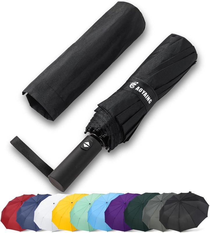 Photo 1 of  GAOYAING 46 Inch Large Automatic Travel Umbrella, 12 Ribs Windproof Design, Heavy Duty Strong 210T Pongee Fabric Folding Umbrella with Sleeve, Black 