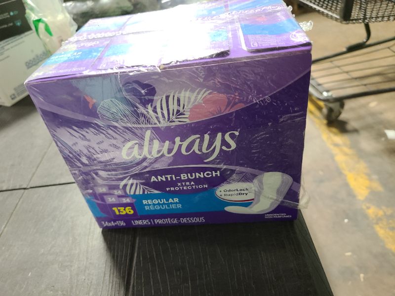 Photo 1 of Always Anti-Bunch Xtra Protection Daily Liners, Regular Length, Unscented, 34 Count x 4 (136 Count Total) (Packaging May Vary)