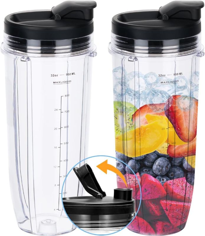 Photo 1 of THWRAI Blender Replacement Parts for Ninja 2 x 32oz Cups &2 x Lids and 7 Fins Extractor Blade Stainless Steel Bearing Compatible with Blenders Auto iQ BL480 BL482 BL642 BL682 NN102