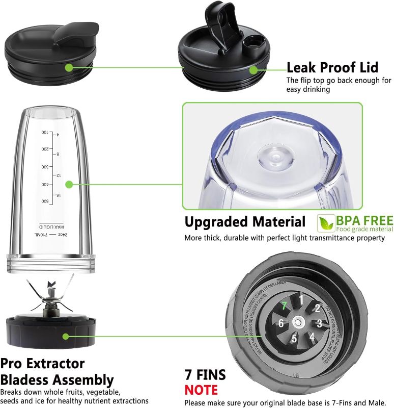 Photo 1 of Blender Replacement Parts for Ninja, 24oz Ninja Blender Cups with To-Go Lids, 7 Fins Extractor Blade, Compatible with Nutri Ninja Auto iQ Blenders BL2012 BN801 BL480-30 BL640-30 BL642-30 NN100-30